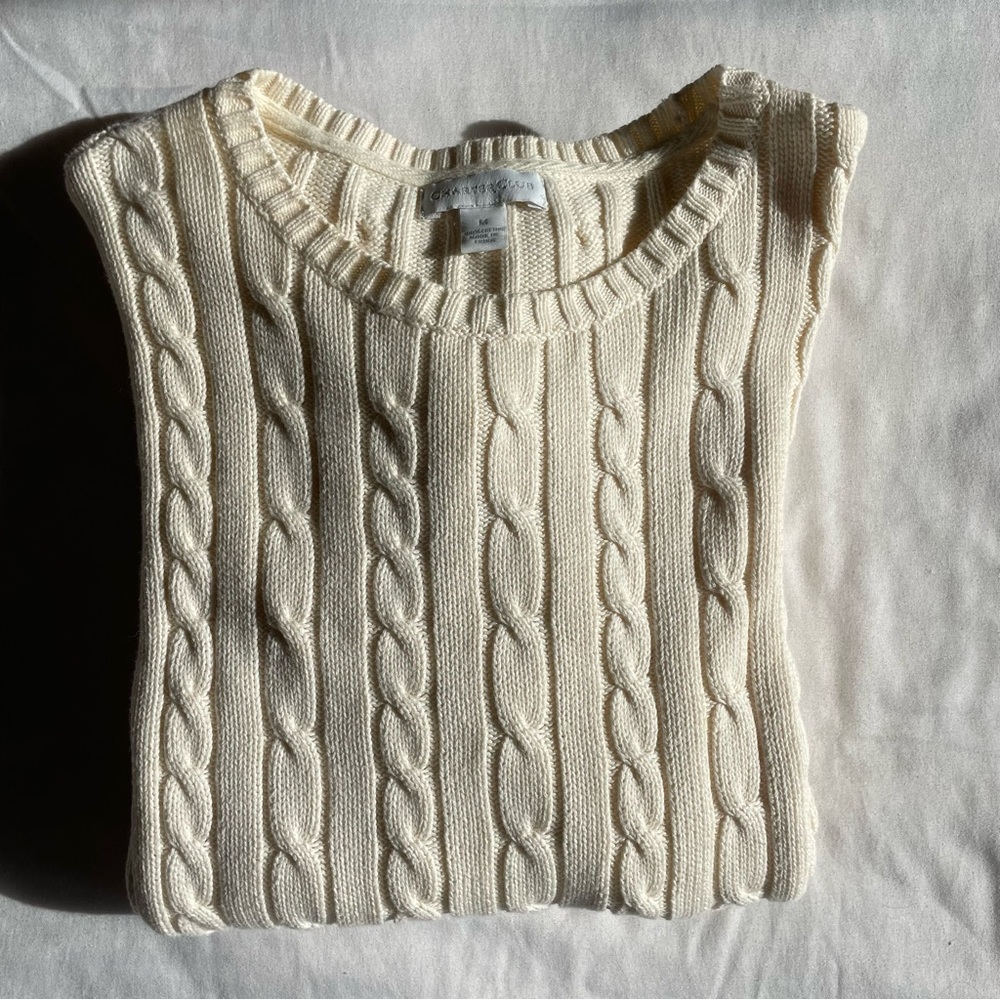 Charter Club 100% Cotton Cream Ivory Cable Knit Crew Neck Pullover Sweater
